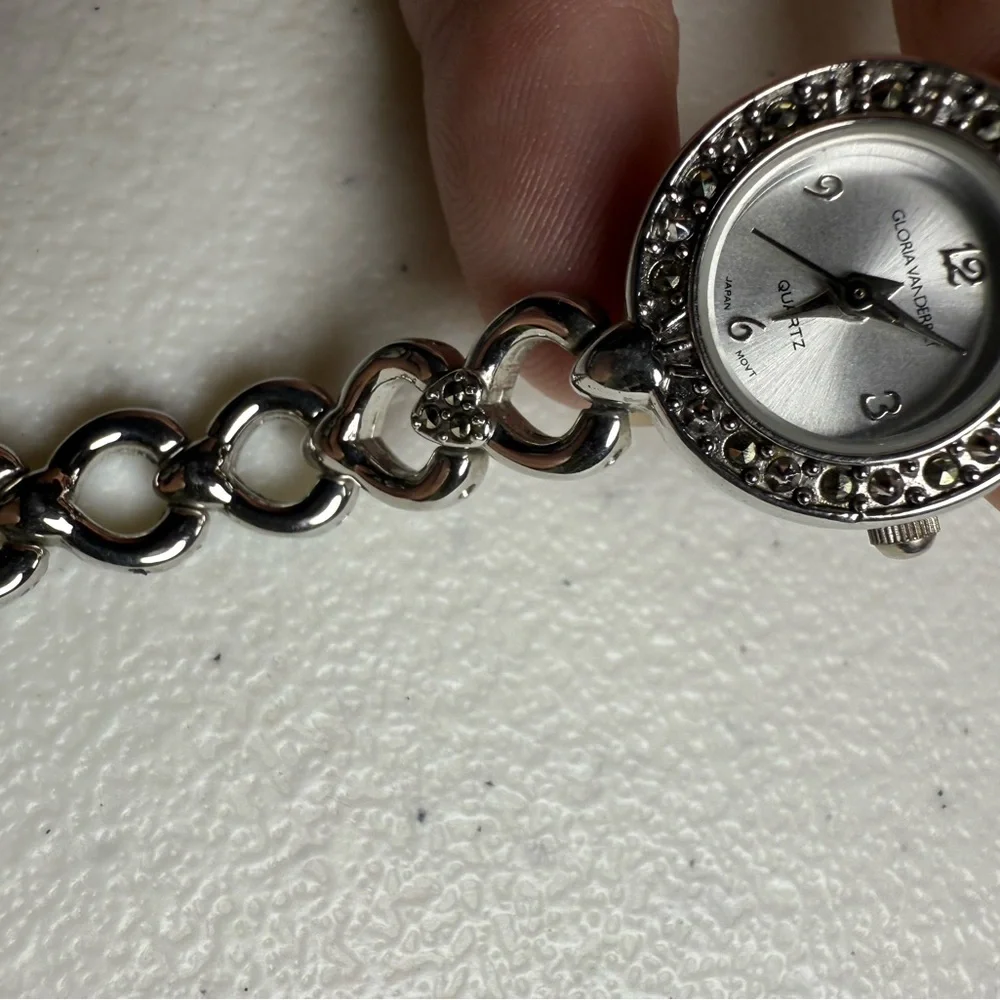 Y2K Shiny Silver Link Watch Versatile Dressy / Casual Marcasite Crystals 6 3/4”